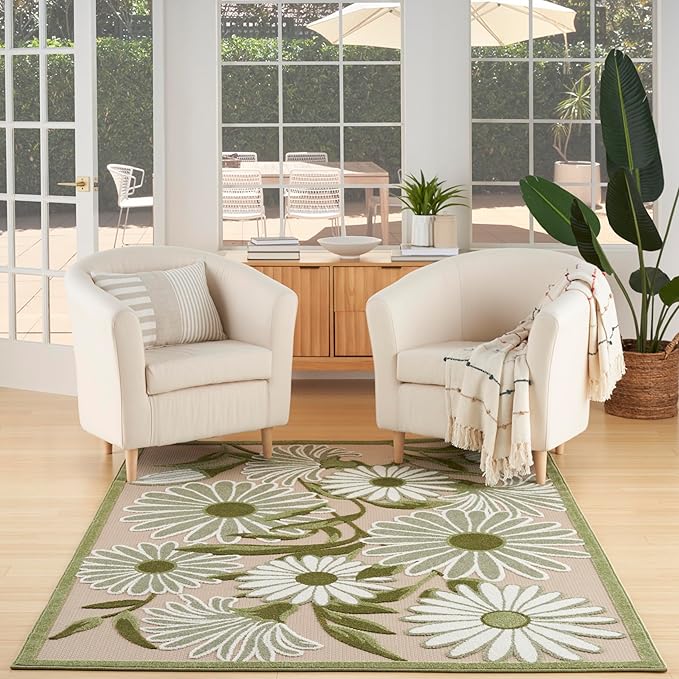 Nourison Home Aloha Ivory Green 5'3" x 7'5" Area Rug - Easy Clean, Non Shedding, Bed Room, Living Room, Dining Room, Kitchen (5' x 8')