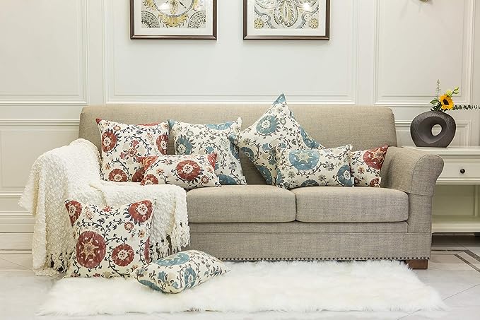 Mika Home Pack of 2 Jacquard Circle Floral Throw Pillow Case Decorative Pillow Cover for 22X22 Inserts Cream Red