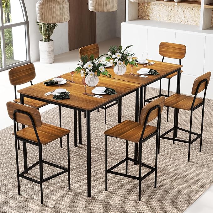 GOFLAME 5-Piece Dining Table Set for Small Space, Kitchen Table and Chairs Set for 4 with Steel Frame, Square Breakfast Table Set, Industrial Counter Height Table Set for Home, Restaurant & Cafe, Teak