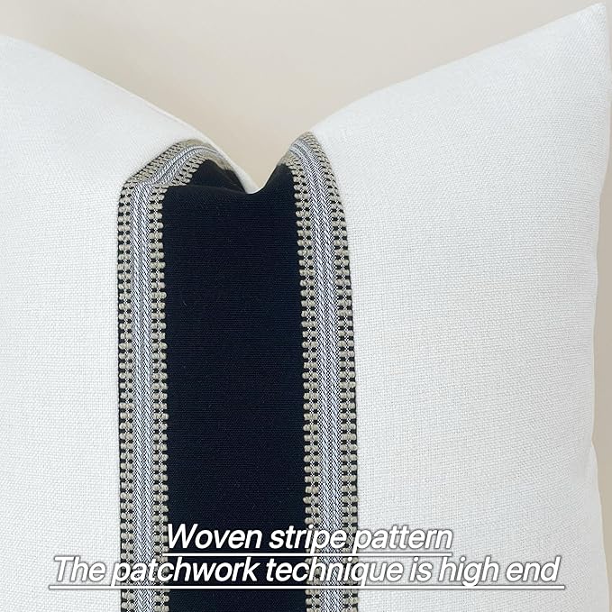 Slow Cow Pack of 2 Linen Decorative Off White and Black Patchwork Throw Pillow Covers Textured Cushion Covers for Couch Sofa Square 16 x 16 Inches