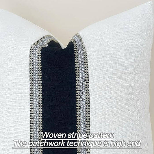 Slow Cow Pack of 2 Linen Decorative Off White and Black Patchwork Throw Pillow Covers Textured Cushion Covers for Couch Sofa Square 16 x 16 Inches
