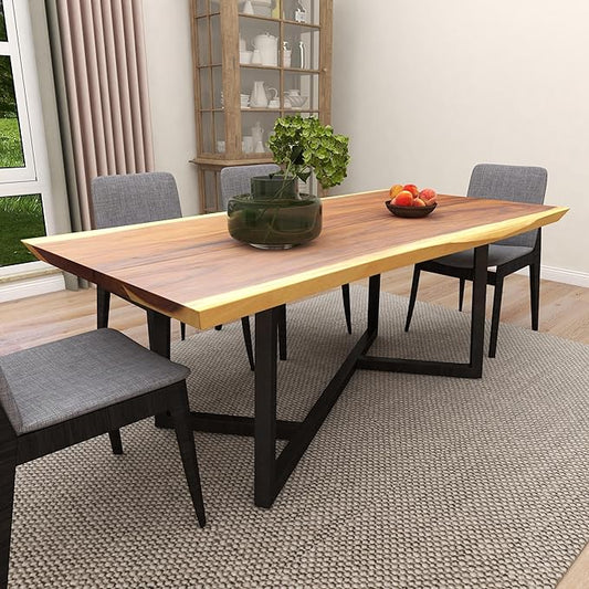 Deco 79 Wood Rectangle Dining Table with Black Metal Base, 79" x 40" x 30", Brown