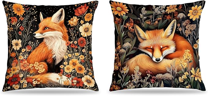 William Morris Inspired-Boho Floral Fox Pillow Covers 18x18 Set of 2, Cottagecore Room Home Decor, Dark Floral Botanical Cute Fox Forest Animal Decor Pillow Covers for Home Living Room Bedroom
