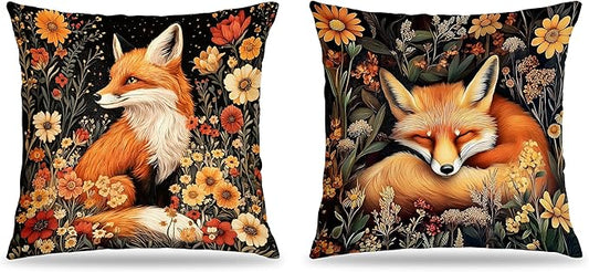 William Morris Inspired-Boho Floral Fox Pillow Covers 18x18 Set of 2, Cottagecore Room Home Decor, Dark Floral Botanical Cute Fox Forest Animal Decor Pillow Covers for Home Living Room Bedroom
