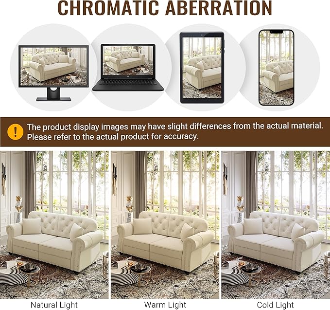 KEIKI 63" Velvet Chesterfield Sofa with Rolled Arms & Nailhead Trim, Modern Upholstered 2-Seater Button Tufted Couch with High Resilience Cushion & 2 Pillow, Easy Assembly, for Living Room, White
