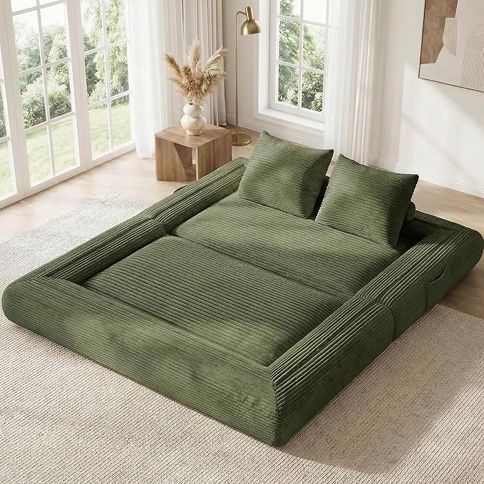 Jocoevol 4-in-1 Convertible Folding Sofa Bed, 68"L x 78"W Queen Size Foldable Sleeper Sofa Bed, Wide Corduroy Upholstery, Boneless Mattress Couch with Armrests & Neck Pillow for Living/Bedroom, Green