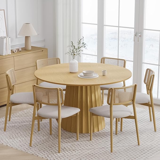 Casaphoria 52" Round Dining Table, Modern Wood Kitchen Table with Cone Shaped Strip Concave Base for Living Room & Dining Room, Easy Assembly Farmhouse Furniture for 4-6, Oak
