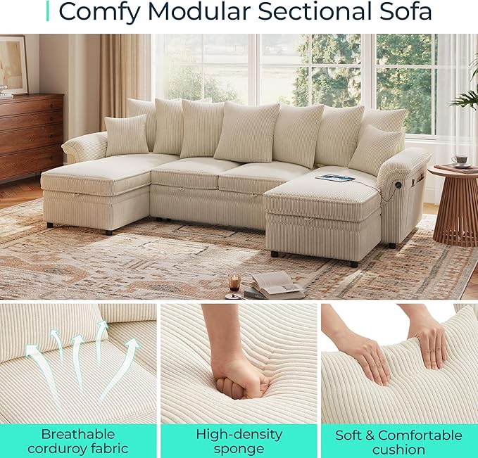 LINSY HOME Oversized Sectional Sleeper Sofa with Pull Out Couch Bed (Beige, 118.5'') | USB Charging, Pillow-style Armrest, Multiple Cushions, Storage Chaise, Corduroy Fabric