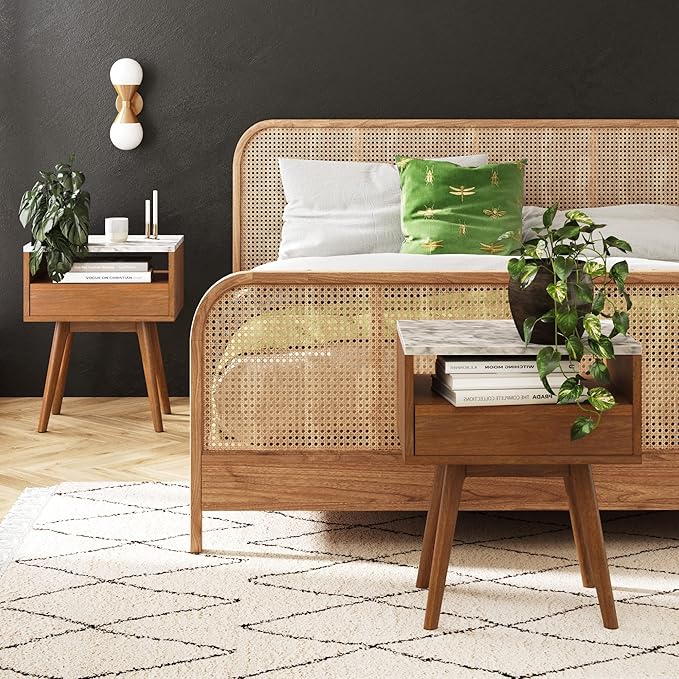 Nathan James Mid-Century James Faux White Marble Accent Side or End Table with Walnut Finish and Marble Table-top with Storage, White/Brown, Set of 2