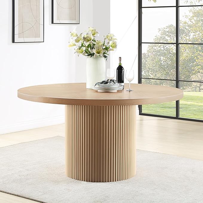 Meridian Furniture 730Oak-T Belinda Collection Modern | Contemporary Dining Table with Solid Wood Base, Natural Finish Oak Wood Veneer, Round Top, Fluted Base, 60" W x 60" D x 30" H, Natural
