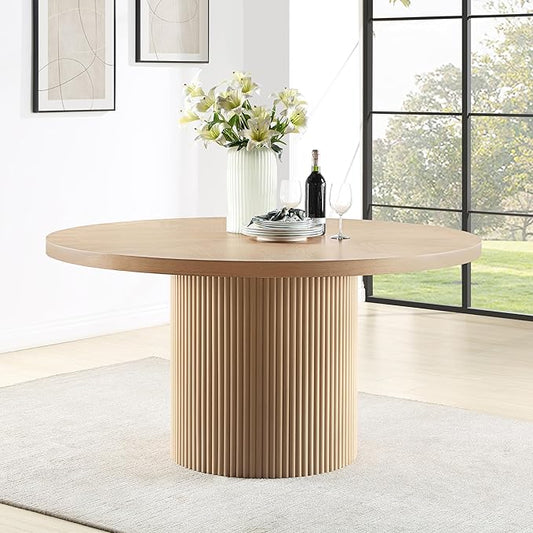 Meridian Furniture 730Oak-T Belinda Collection Modern | Contemporary Dining Table with Solid Wood Base, Natural Finish Oak Wood Veneer, Round Top, Fluted Base, 60" W x 60" D x 30" H, Natural