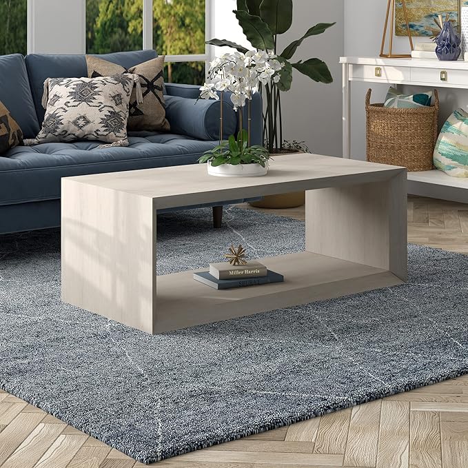 Henn&Hart 48" Rectangular Wood Coffee Table with Open Storage Shelf for Living Room, Family Room, or Office, Beech White
