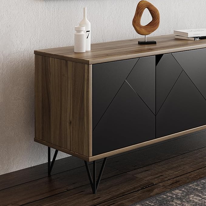 Mid Century Modern TV Stand Console for Living Room (55 to 65 Inch Television) Black and Brown with Storage Cabinets, Modern Designs by Crafts and Comfort