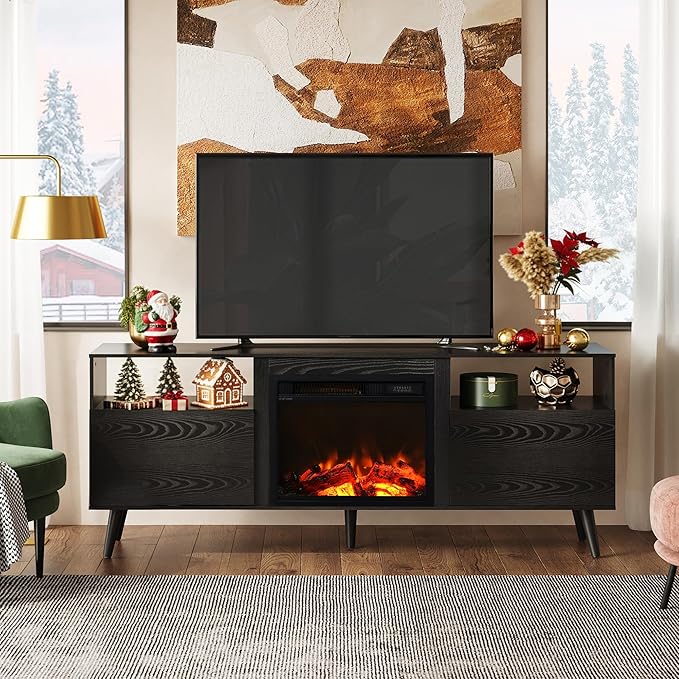 WLIVE Fireplace TV Stand for 55 65 Inch TV, Mid-Century Entertainment Center with Electric Fireplace, Media TV Console with Extra Open Shelf & Storage Cabinets for Living Room, Bedroom, Black