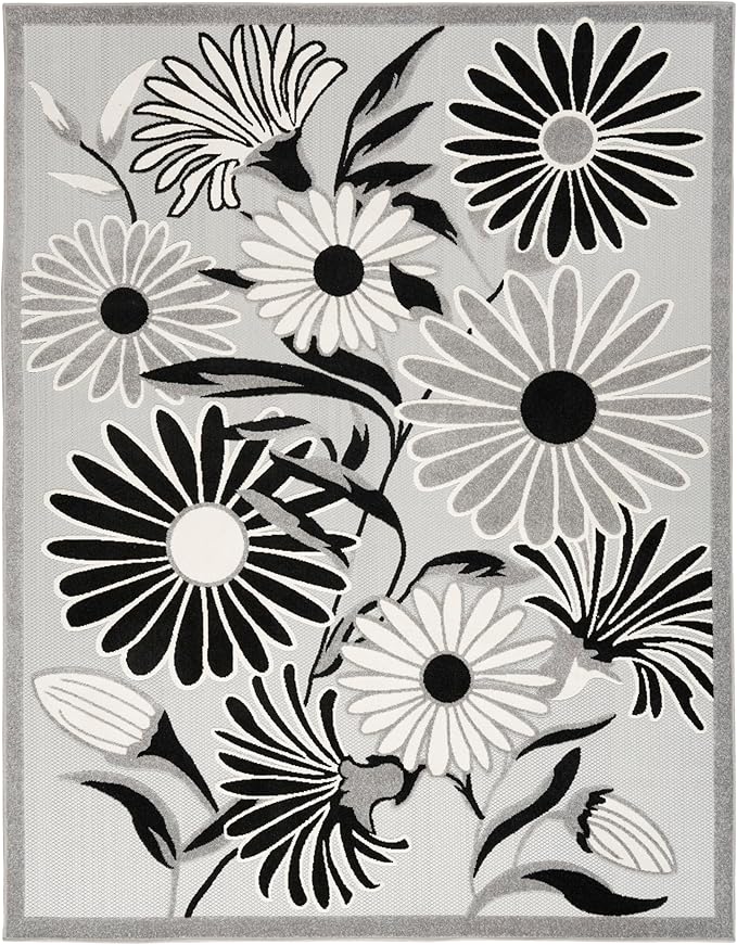 Nourison Home Aloha Black White 9' x 12' Area Rug - Easy Clean, Non Shedding, Bed Room, Living Room, Dining Room, Kitchen (9' x 12')
