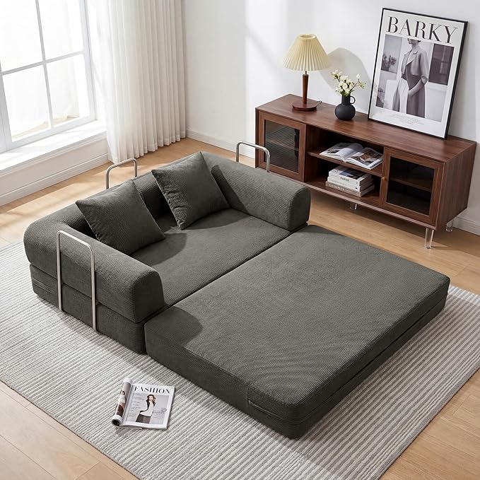 53.15'' Convertible Compressed Corduroy Folding Cloud Sofa Bed, Modern Boneless Pull Out Loveseat Sleeper in a Box, 4 in 1 Floor Mattress Futon Cloud Couch, No Assembly Needed, Grey, 2 Pillows, Full