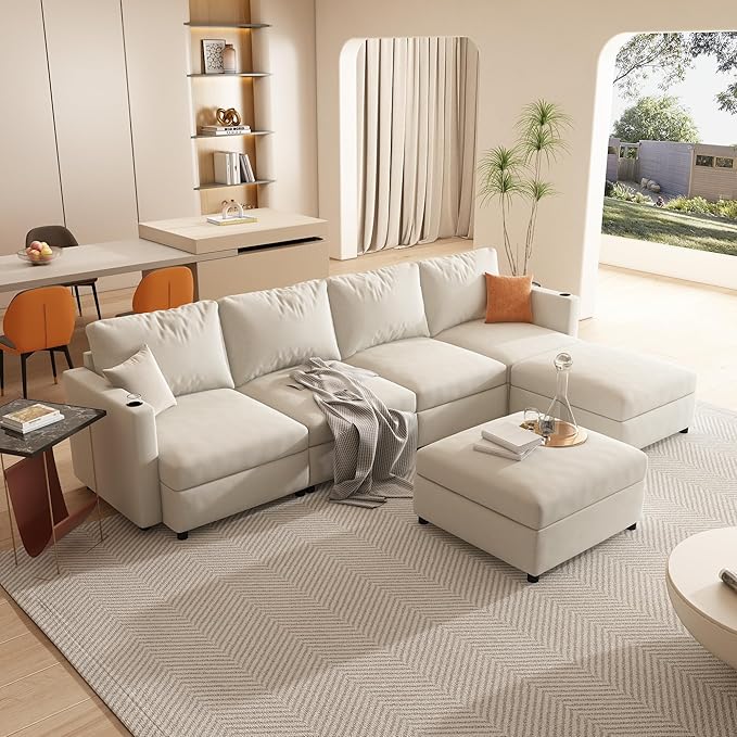 Ball & Cast 123" Large Sleeper Sectional Sofa Bed with Full Storage Seats,Corner Spacious Cloud Sofa W/Ottoman,Flexible Combination,Oversize 6 Piece Cozy Modular Chaise for LivingRoom,White Chenille