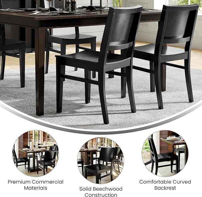 Flash Furniture Naples Commercial Solid Wood Dining Chair, Curved Backrest, Sturdy Mortise and Tenon Construction, Black