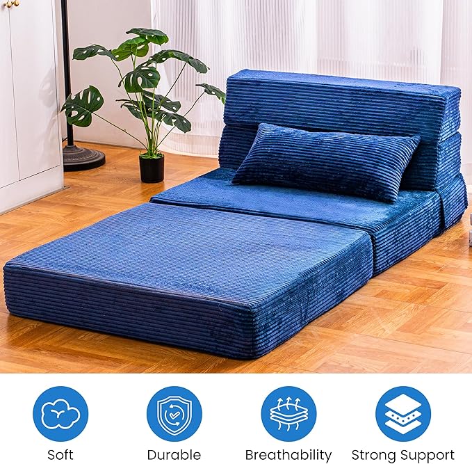 Cvortll Folding Sofa Bed, Convertible Sleeper Chair with Pillow, High Density Memory Foam Fold Out Couch, Foldable Mattress Futon Sofa for Living Room/Dorm/Guest Use/Apartment/Home Office