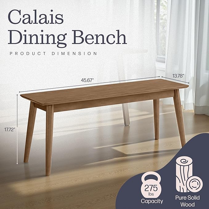 Alaterre Furniture Calais Dining – Mid Century Modern 46-Inch Solid Wood Dining Bench – Entryway Bench with Minimalist Design for Entryway, Dining Room, Kitchen, or Bedroom (Pecan Finish)