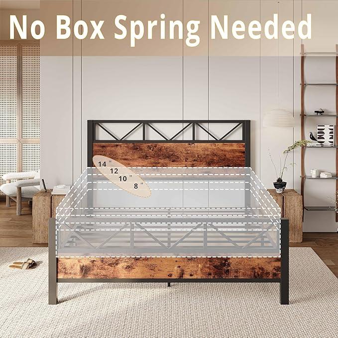 LIKIMIO Queen Bed Frame, Tall Industrial Headboard 51.2 ", Platform Bed Frame with Strong Metal Support, Solid and Stable, Noise Free, No Box Spring Needed, Easy Assembly, Vintage Brown