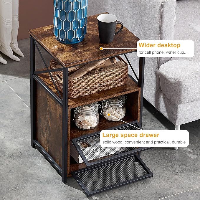 VECELO Nightstand Set of 2, End Table with Flip Drawer, Modern Night Stand for Bedroom,Living Room, Office, Easy Assembly, Dark Brown