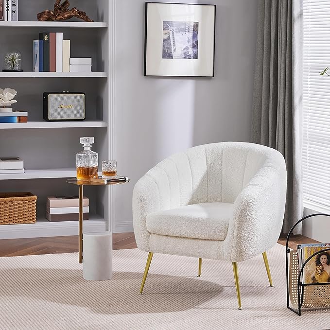 Yaheetech Accent Chair, Modern Cozy Vanity Chair with Gold Metal Legs, Boucle Fabric Armchair with Removable Seat Cushion for Living Room Bedroom Office Guest Room, Ivory, 2 pcs