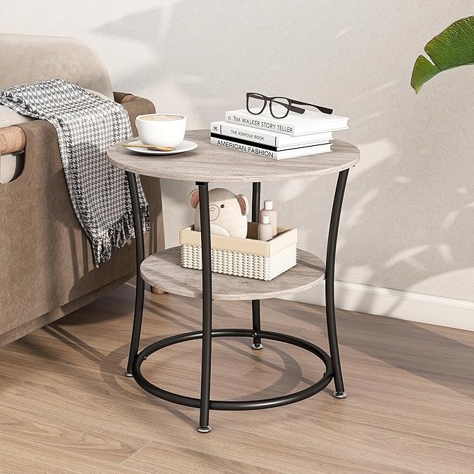 BOFENG Round Coffee Table,2-Tier Center Table with Storage Shelf for Living Room, Bedroom,Small Spaces,Circle Coffee Tables with Sturdy Metal Frame,Easy Assembly,Black+Grey