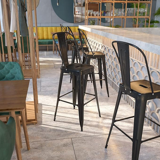 Flash Furniture Commercial Grade 30" High Black-Antique Gold Metal Indoor-Outdoor Barstool with Removable Back