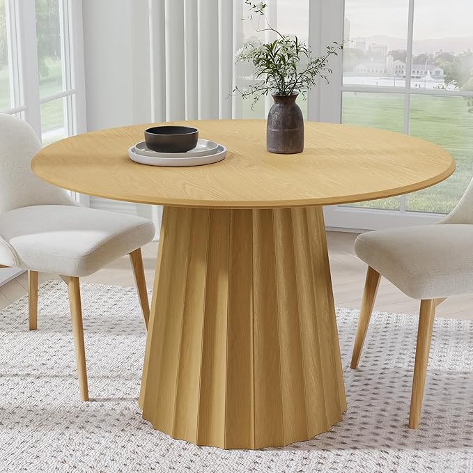 Casaphoria 46" Round Dining Table, Modern Wood Kitchen Table with Cone Shaped Strip Concave Base for Living Room & Dining Room, Easy Assembly Farmhouse Furniture for 4-6, Oak