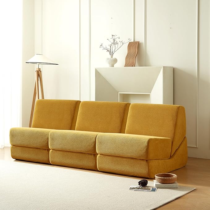 Swbvs Folding Sofa Bed, Single Chair Lounger with Back Support, Multi-Functional Floor Sofa for Living Room, Bedroom, or Small Spaces, Yellow Corduroy Fabric, Compact & Comfortable Design