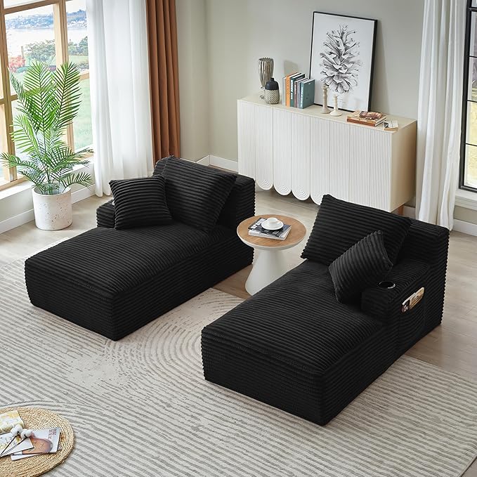 Eafurn Oversized Double Chaise Lounge Indoor with Cup Holders & Side Pocket, 71" Plush Corduroy Boneless Chaise Lounge Sofa with High Density Sponge & Deep High Seat Comfy Sleeper Couch Bed | Breathable material, No Assembly, 52" Deep Seat, 19.7" High ...