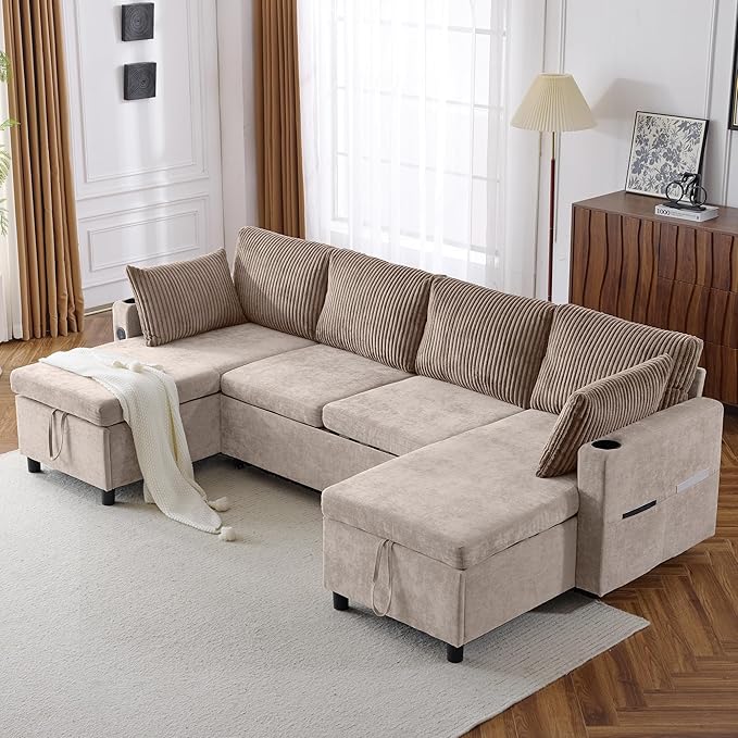 ERYE 113-Inch U-Shaped Pull Out Sleeper Couch Bed, Modern U Shaped Symmetrical Sleeper Sectional Sofa Convertible Sofa Bed with Storage Chaises & USB-C Ports for Living Room