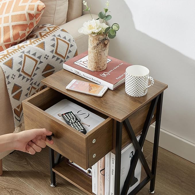 VECELO Nightstand,Modern Bedside End Table, Night Stand with Drawer and Storage Shelf for Living Room Bedroom, Industrial Metal Frame