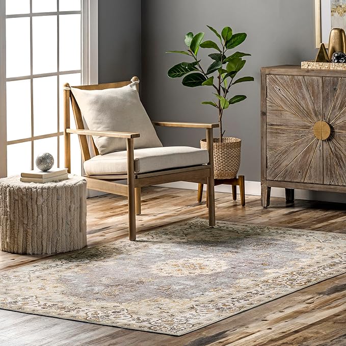 Nuloom SpinClean Ren Light Grey/Ivory, 4' x 6', Vintage Oriental, Soft and Cozy, High Traffic, Stain Resistant, Easy Clean, Durable Washable Area Rug for Bedroom, Living Room, Dining, Entryway