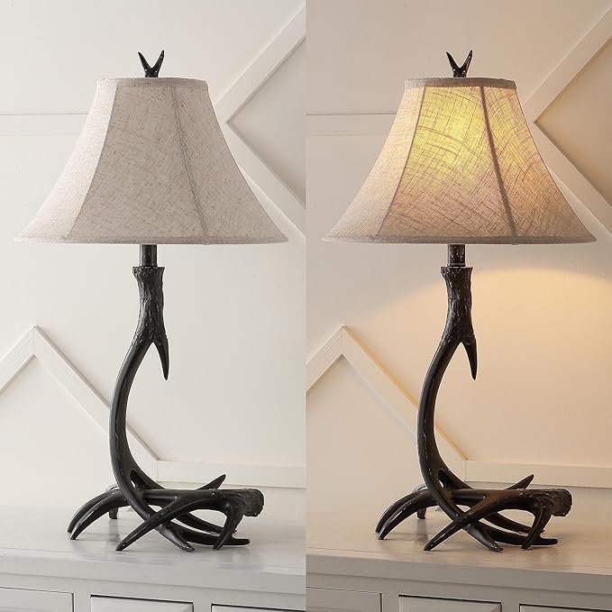 JONATHAN Y 27.5" Black Antler Rustic Resin Table Lamp for Living Room Bedroom, Light Grey Linen Shade, Farmhouse Lodge Nightstand Lamp, LED Bulb Included (JYL6305C)