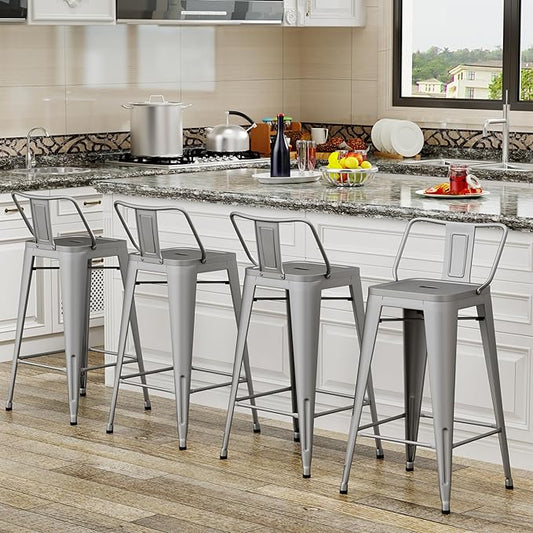 Tongli Metal Bar Stools Set of 4 Barstools Counter Height Bar Stools with Back Industrial Bar Stool Indoor Counter Stool Kitchen Island Stools Modern Bar Chair 26inch Silver