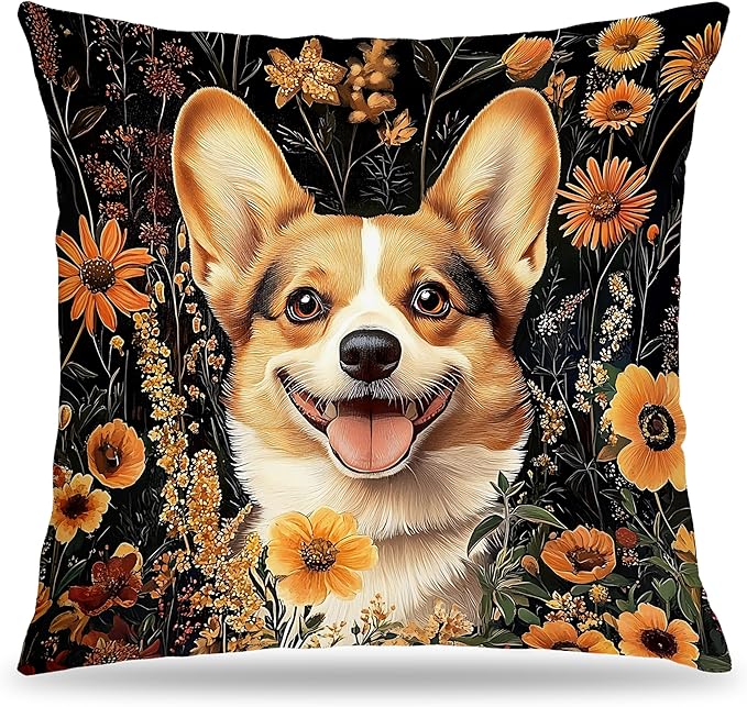 William Morris Inspired-Vintage Floral Corgi Pillow Covers 18x18, Corgi Lovers Mom Gifts, Moody Dark Cottagecore Botanical Corgy Dog Decorative Pillow Covers for Home Living Room Bedroom