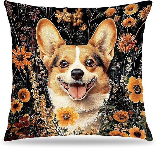 William Morris Inspired-Vintage Floral Corgi Pillow Covers 18x18, Corgi Lovers Mom Gifts, Moody Dark Cottagecore Botanical Corgy Dog Decorative Pillow Covers for Home Living Room Bedroom