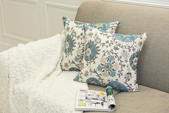 Mika Home Pack of 2 Jacquard Circle Floral Throw Pillow Case Decorative Pillow Cover for 22X22 Inserts Cream Blue