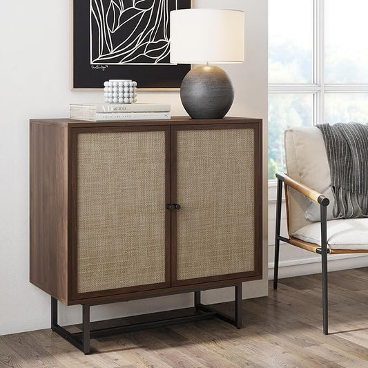 Nathan James Kova Bohemian Rattan Accent Sideboard Storage Cabinet, with Doors and Matte Black Legs, Dark Brown/Black