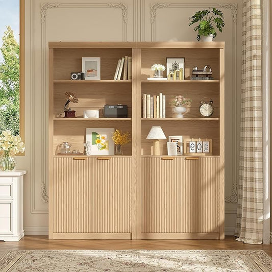 Garvee Tall Book Shelf and Bookcase, Wooden Bookcase with Doors, Modern Book Case with Large Storage Cabinet, 5-Shelf Bookcases with Adjustable top Shelve for Home Office, Living Room, 2 Set Oak