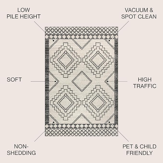 JONATHAN Y Amir Moroccan Beni Souk Cream/Black Indoor Area Rug, 5x8, Bohemian, Scandinavian, Easy-Cleaning for Living Room, Bedroom, Kitchen, Pet Friendly, Non-Shedding (MOH200A-5)