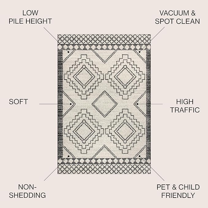 JONATHAN Y Amir Moroccan Beni Souk Cream/Black 5' Round Indoor Area Rug, Bohemian, Scandinavian, Easy-Cleaning for Living Room, Bedroom, Kitchen, Pet Friendly, Non-Shedding (MOH200A-5R)