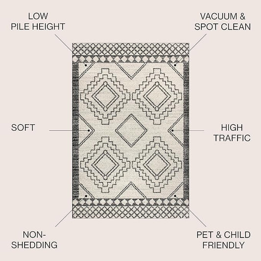 JONATHAN Y Amir Moroccan Beni Souk Cream/Black 5' Round Indoor Area Rug, Bohemian, Scandinavian, Easy-Cleaning for Living Room, Bedroom, Kitchen, Pet Friendly, Non-Shedding (MOH200A-5R)