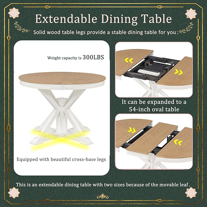 ERYE Retro Style Round Dining Table Functional Wooden Extendable Oval Dining Table with 12" Leaf and Natural Wood Grain Variation Tabletop