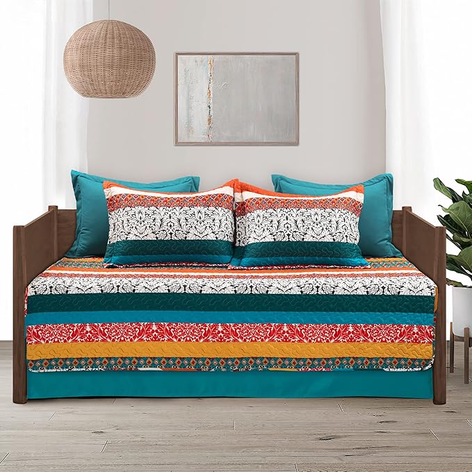 Lush Decor Boho Stripe Quilted 3 Piece Cover Set, Daybed, Turquoise & Tangerine