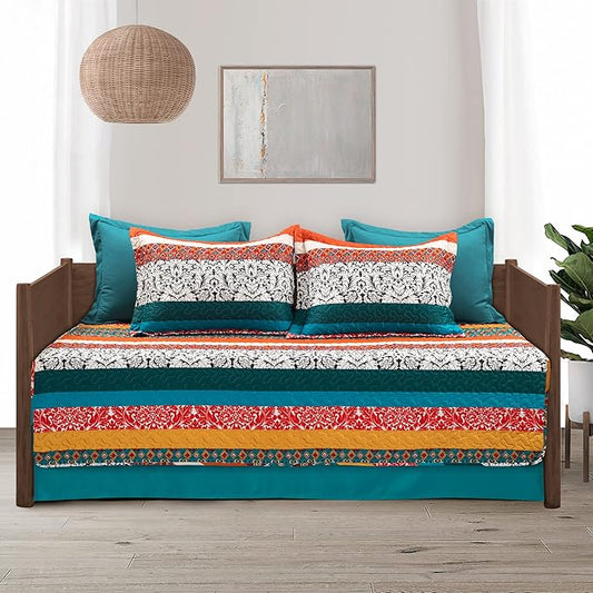 Lush Decor Boho Stripe Quilted 3 Piece Cover Set, Daybed, Turquoise & Tangerine