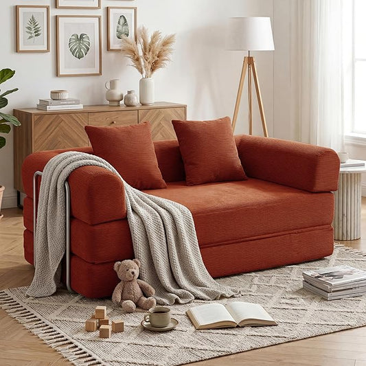 59'' Convertible Compressed Corduroy Folding Cloud Sofa Bed, Modern Boneless Pull Out Loveseat Sleeper in a Box, 4 in 1 Floor Mattress Futon Cloud Couch, No Assembly Needed, Orange, 2 Pillows, Queen