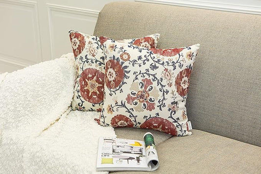 Mika Home Pack of 2 Jacquard Circle Floral Throw Pillow Case Decorative Pillow Cover for 22X22 Inserts Cream Red